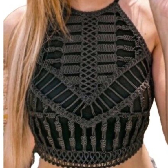 H&M Ribbon-embroidered top Dark khaki green, Size Small - Picture 9 of 9